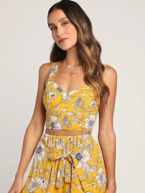 Flowers Bloom Yellow Floral Print Two-Piece Sleeveless Romper